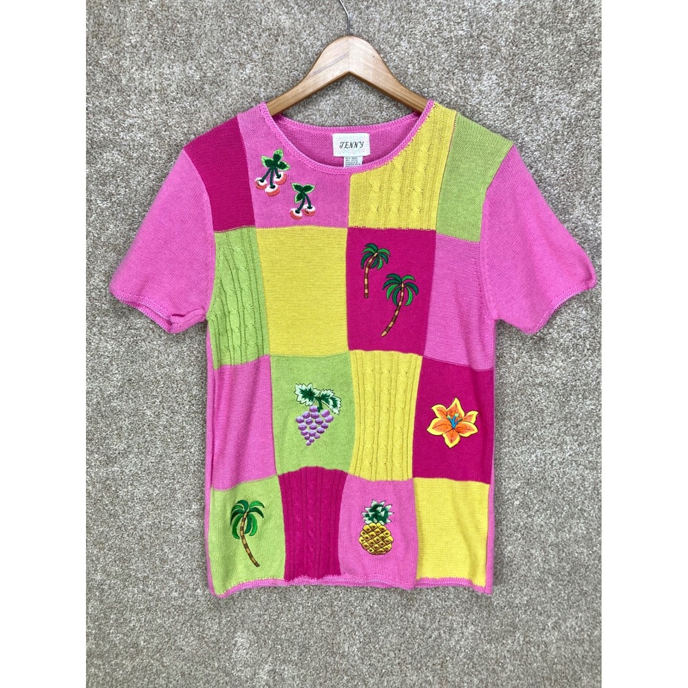 Jenny Vintage Patchwork Embroidered Knit Top Womens M Pink Yellow Summer Retro